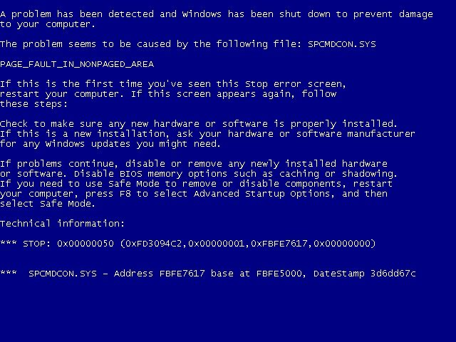 The Blue Screen of Death in Windows XP.
