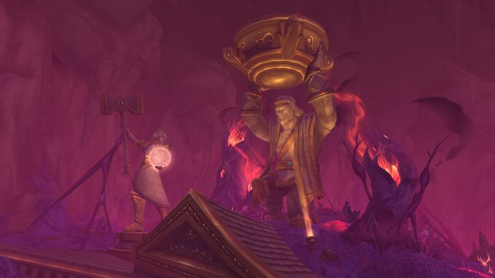 A golden statue of a man holding a big bowl on top of a roof. The world around him is pink and purple.