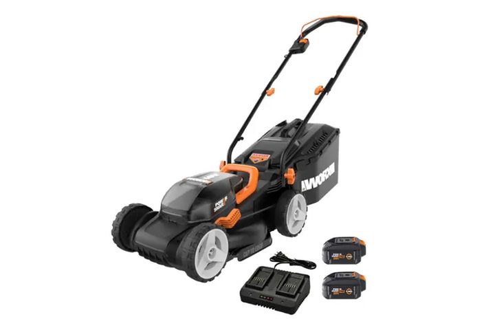 The Worx 14-inch Lawn Mower with Grass Collection Bag and Mulcher on a white background.