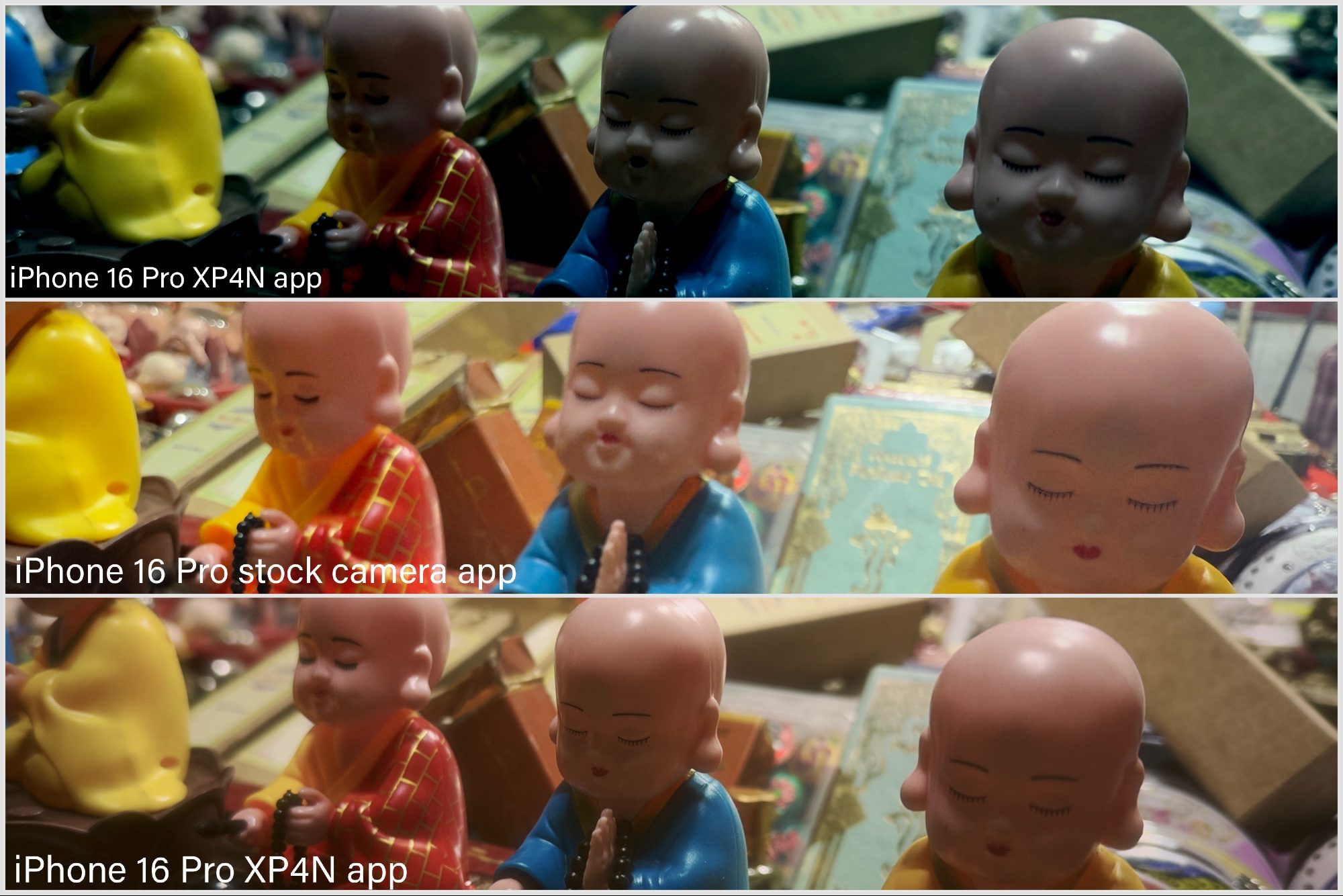 Side by side comparison of photos from XP4N App and iPhone stock camera app.