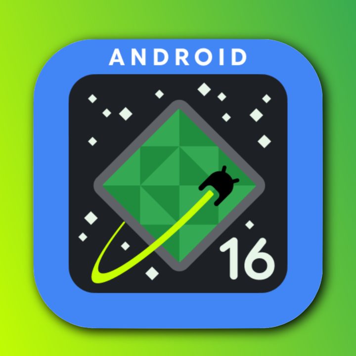 The Android 16 logo on a green background.