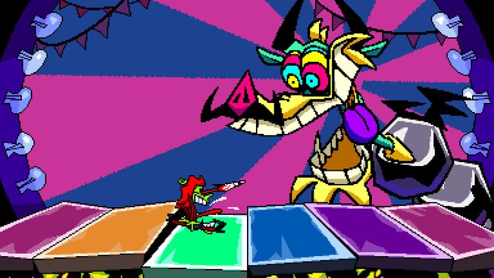 A multicolored dragon stands over colored platforms in AntonBlast.