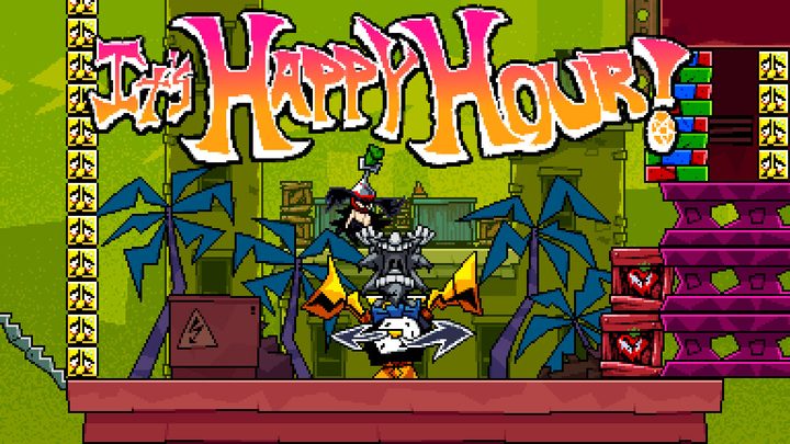 Anton initiates happy hour by stepping on a clock in AntonBlast.