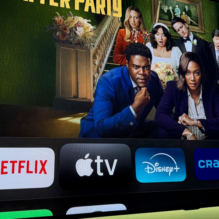 The Apple TV Plus icon on an Apple TV home screen with the show The After Party.