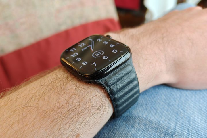 The Apple Watch Series 10, with a leather band, on someone's wrist.