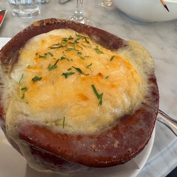 Picture of french onion soup captured on the iPhone 16 Pro.