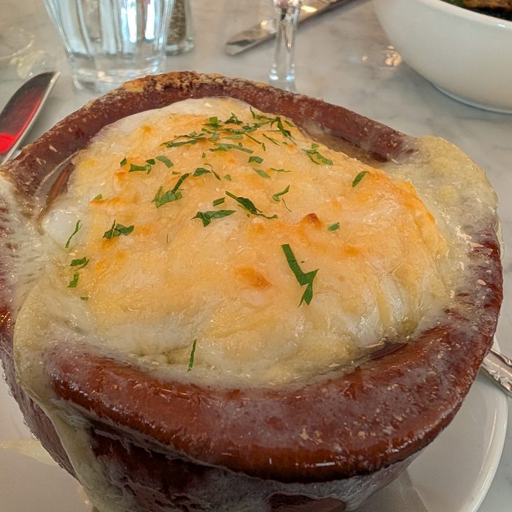 Picture of french onion soup captured on the Pixel 9 Pro.