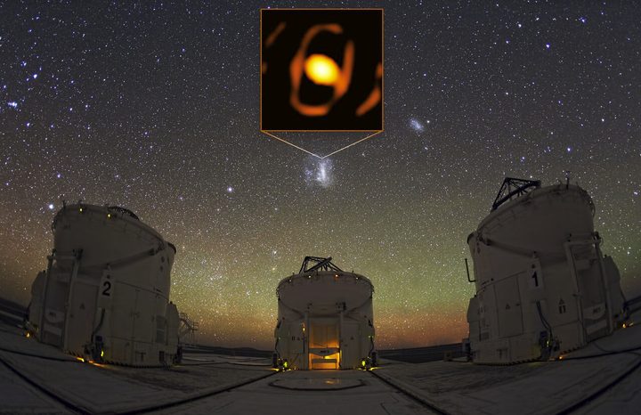 The Large Magellanic Cloud is a satellite galaxy to the Milky Way, located 160 000 light-years away from us. Despite the staggering distance, the GRAVITY instrument of the European Southern Observatory’s Very Large Telescope Interferometer (ESO’s VLTI), managed to take a closed-up picture of the giant star WOH G64. This image shows the location of the star within the Large Magellanic Cloud, with with some of the VLTI’s Auxiliary Telescopes in the foreground.