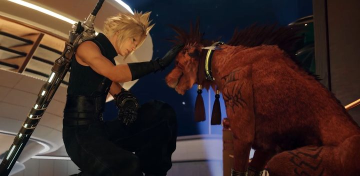 Cloud pets Red XIII in Final Fantasy VII Rebirth.