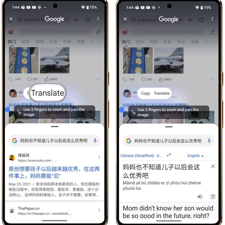 Select Translate from the pop up menu and then view the translation at the bottom.