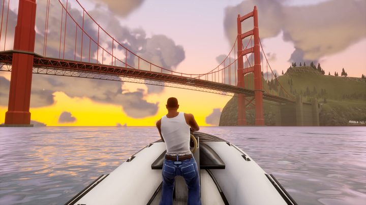 Carl Johnson piloting a boat in the water under the golden gate bridge in San Andreas.