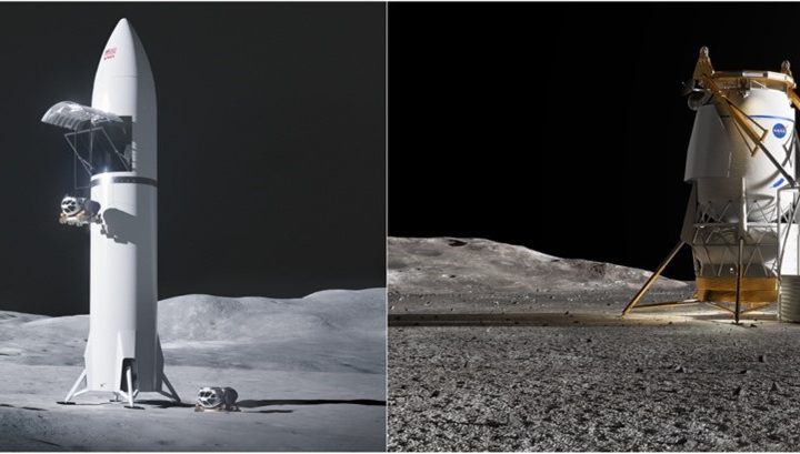 Early conceptual renderings of cargo variants of human lunar landing systems from NASA’s providers SpaceX, left, and Blue Origin, right. The large cargo landers will have the capability to land approximately 26,000 to 33,000 pounds (12-15 metric tons) of large, heavy payload on the lunar surface.