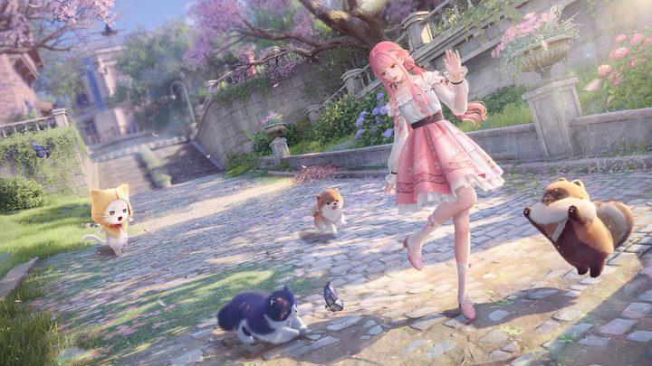 Infinity Nikki skipping alongside her pets on the street.
