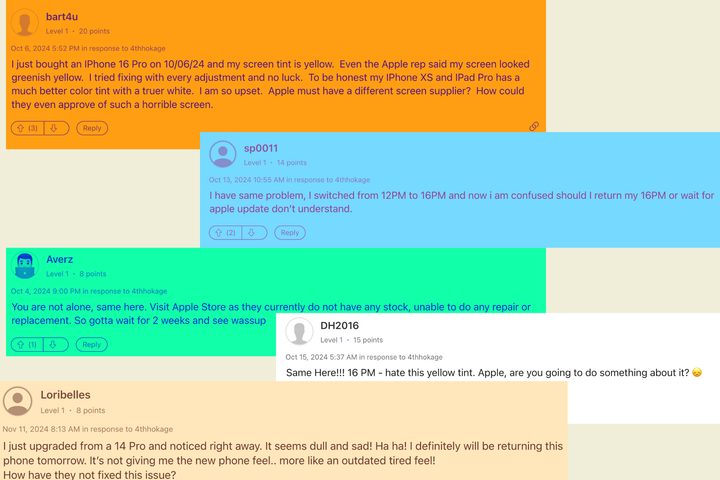 iPhone 16 Pro users report screen tint problems.