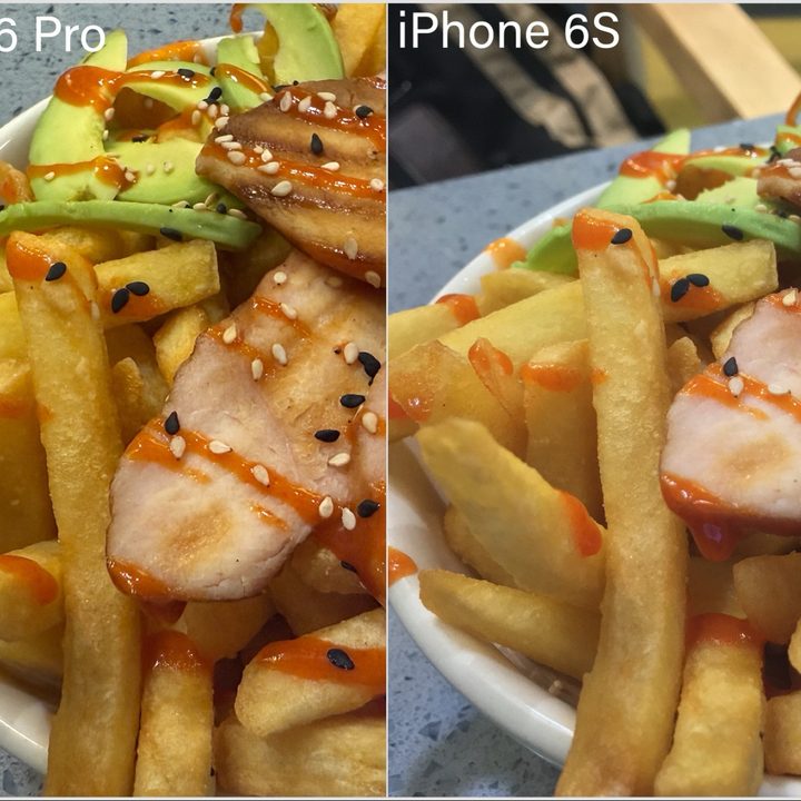Comparison of pictures taken by iPhone.16 Pro and iPhone 6S depicting the closeup of fries and chicken.