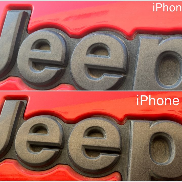 Comparison of pictures taken by iPhone.16 Pro and iPhone 6S depicting the logo of jeep.
