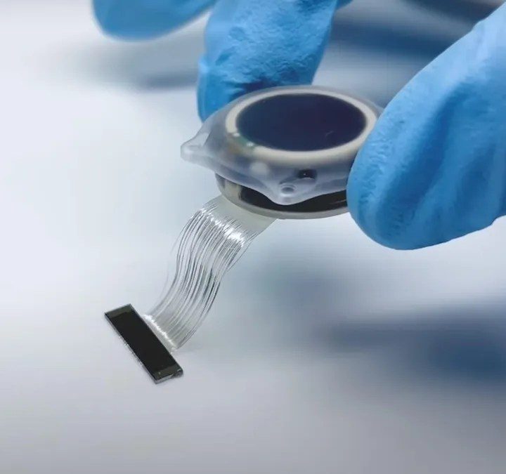 The Telepathy implant being held.