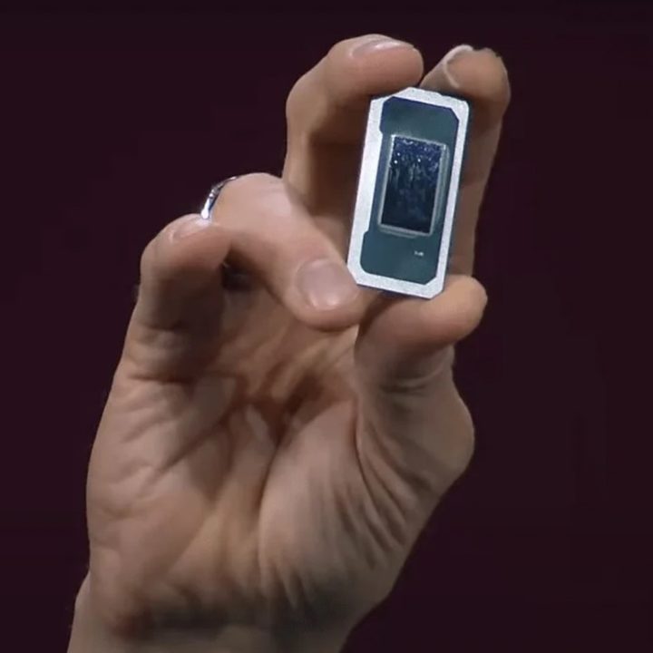 Intel CEO Pat Gelsinger holding a Panther Lake chip.