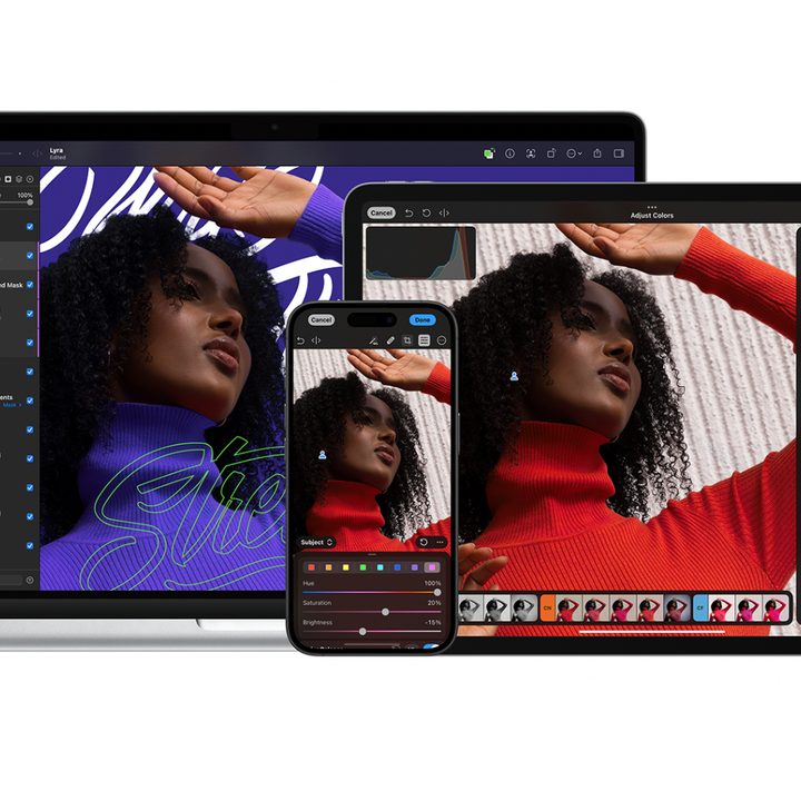Pixelmator running on a Mac, iPad, and iPhone.