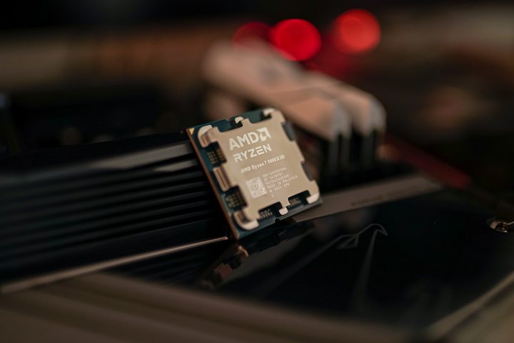 The Ryzen 7 9800X3D sitting on a motherboard.