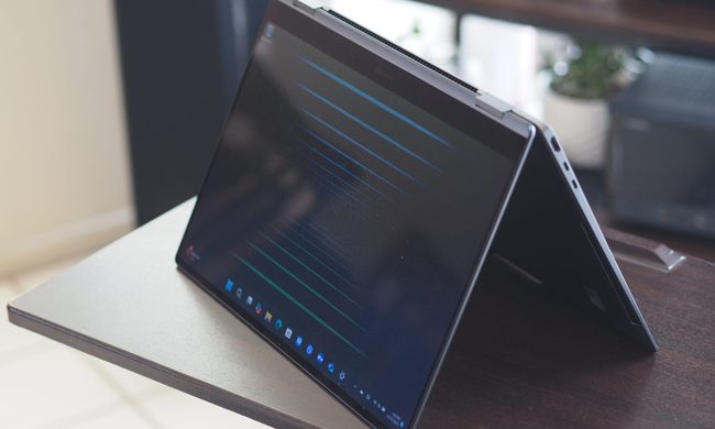 Samsung Galaxy Book5 Pro 360 front view showing tend mode.