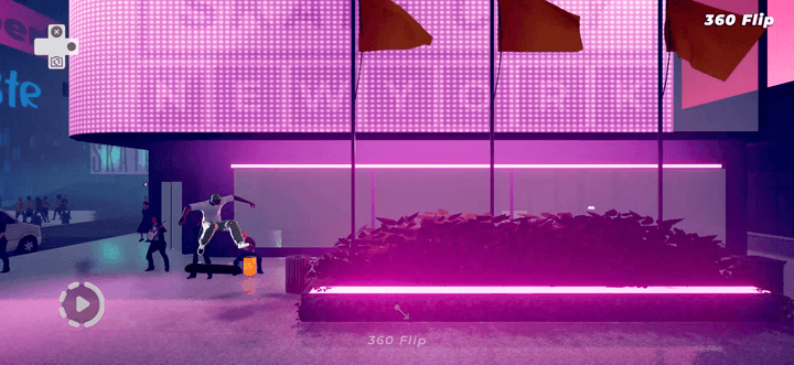 A skater skates near a neon purple sign in Skate City: New York.