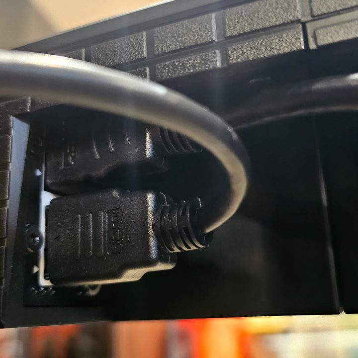 Sony Bravia Theater Bar 8, HDMI ports with cables inserted.