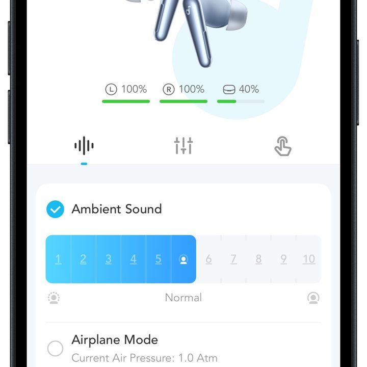 Soundcore app for iOS: home page.