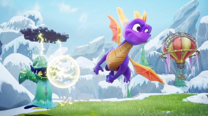 Spyro flies off away from an attack with white mountains in the background.