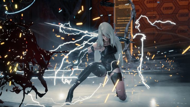 A woman with long white hair and a black outfit that has only one leg covered. She's kneeling after attacking an enemy.