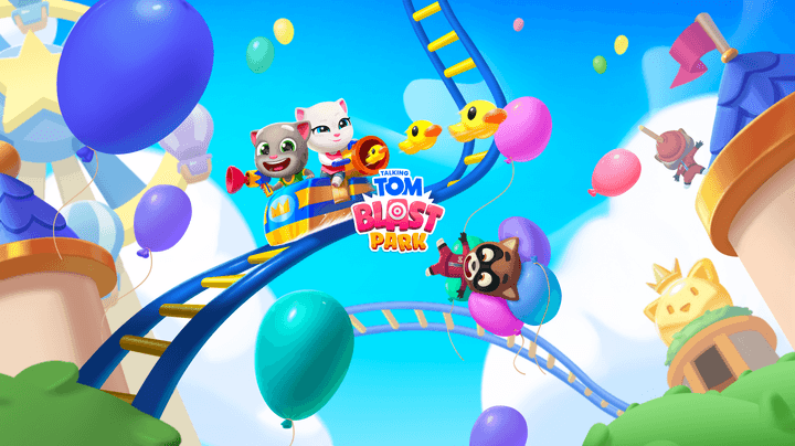Animals ride a roller coaster in key art for Talking Tom Blast Park.