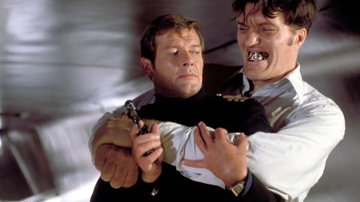 James Bond battles Jaws the henchmen in The Spy Who Loved Me.