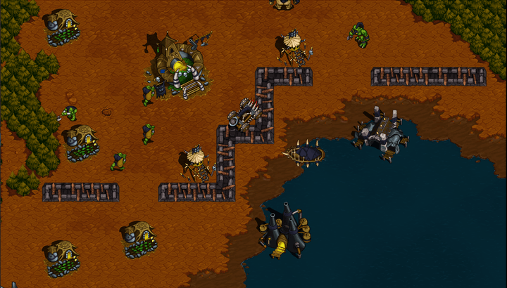 Orcs wander around a settlement in Warcraft 2 Remastered.