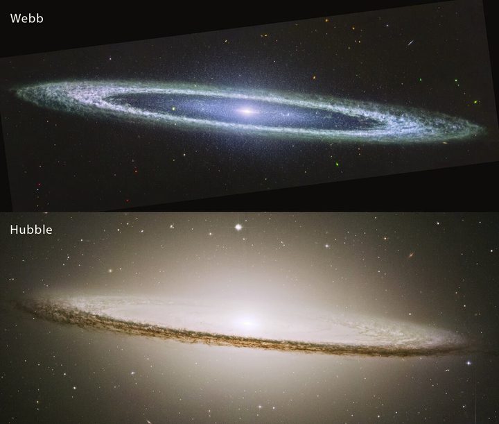 This image compares the view of the famous Sombrero Galaxy in mid-infrared light (top) and visible light (bottom). The James Webb Space Telescope’s MIRI (Mid-Infrared Instrument) reveals the smooth inner disk of the galaxy, while the Hubble Space Telescope’s visible light image shows the large and extended glow of the central bulge of stars.Both the Webb and Hubble images resolve the clumpy nature of the dust that makes up the Sombrero galaxy’s outer ring.