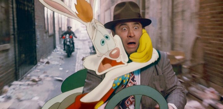 A cartoon bunny hugs a human man in Who Framed Roger Rabbit.