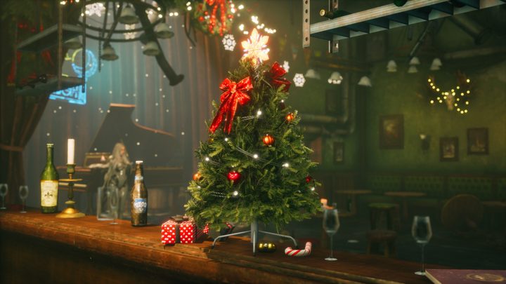 A screenshot from Stellar Blade showing a Christmas tree on the bar.