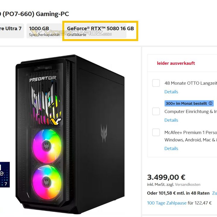 An early listing of a PC with an RTX 5080.