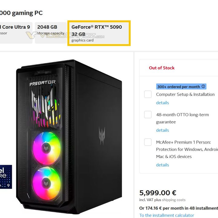 A leaked listing of an RTX 5090 gaming PC.