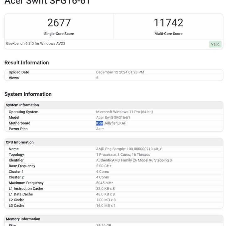 Leaked Geekbench 6 scores of upcoming AMD Krackan Point Ryzen AI 7 350.