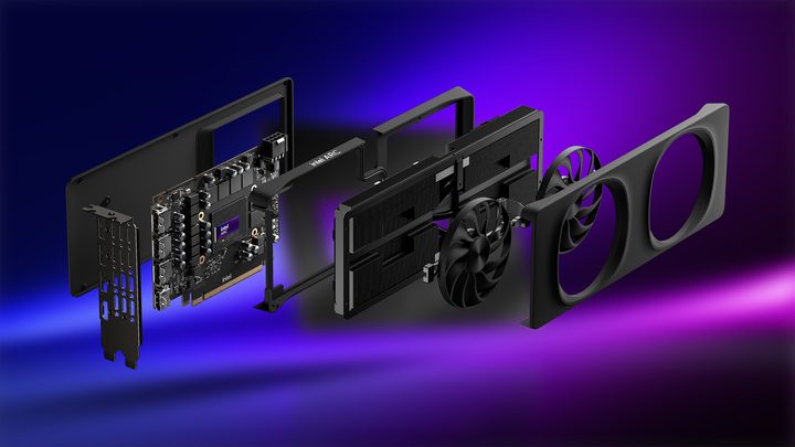 An exploded view of Intel's Arc A580 GPU.