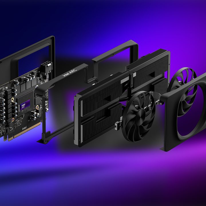 An exploded view of Intel's Arc A580 GPU.