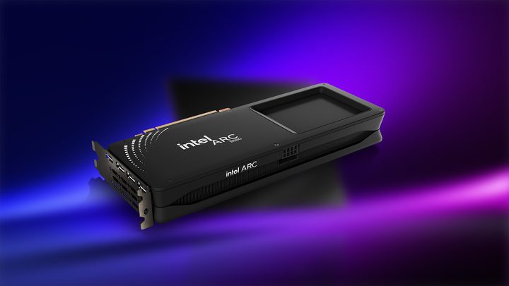 The back shroud of the Intel Arc B580 GPU.