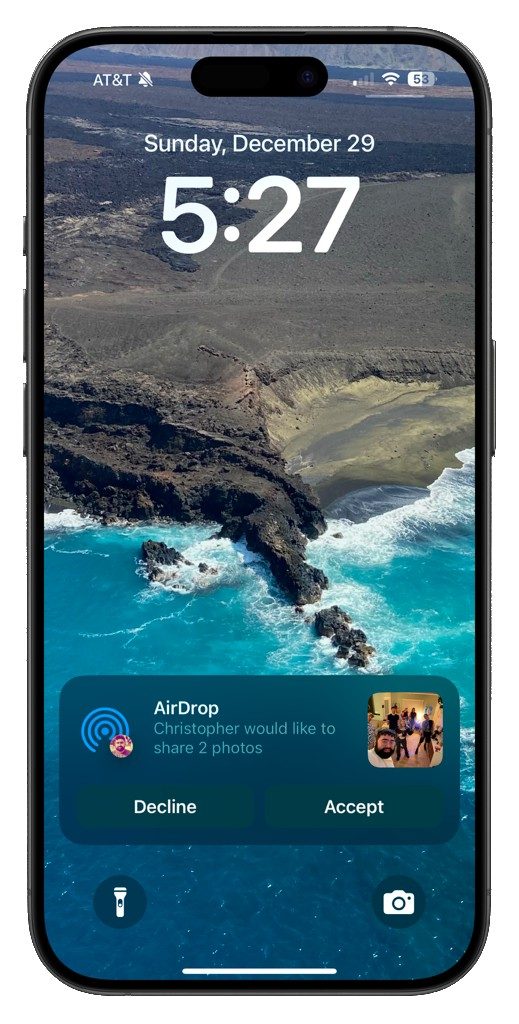 Receiving AirDrop notification on iPhone 16 Pro.