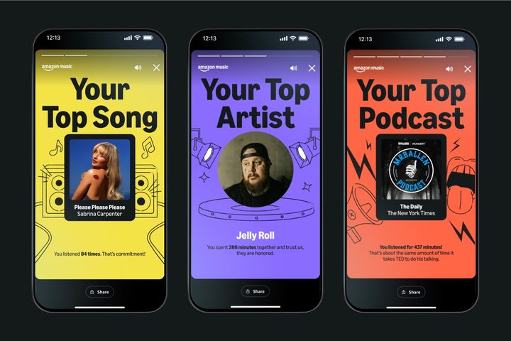 Three phone screenshots of Amazon Music Delivered 2024 information.