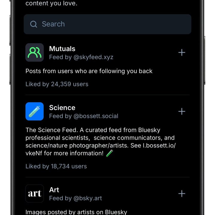 Feeds page on Bluesky app.