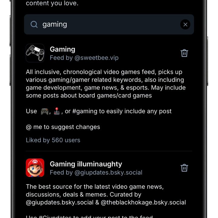 Discover New Feeds page showcasing feeds related to gaming on Bluesky app.