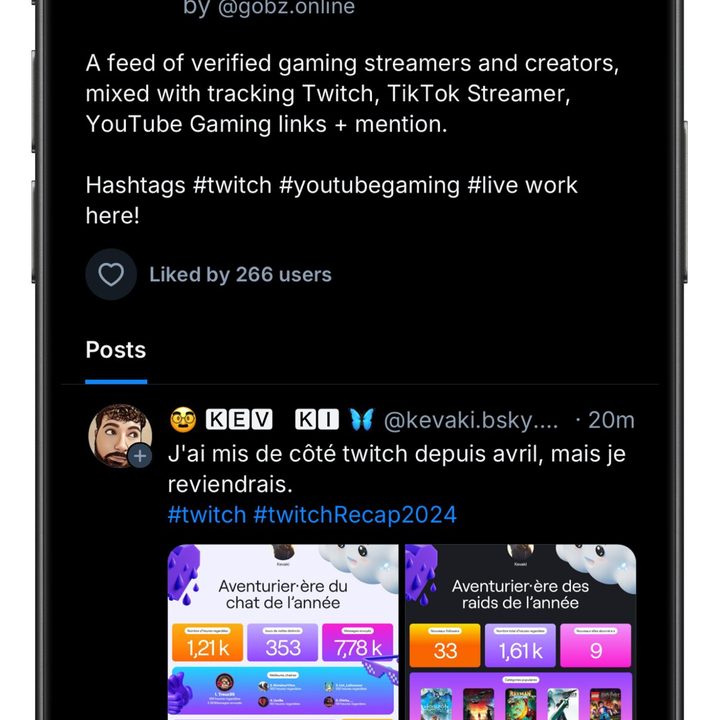 Gaming content creator feed on Bluesky app.