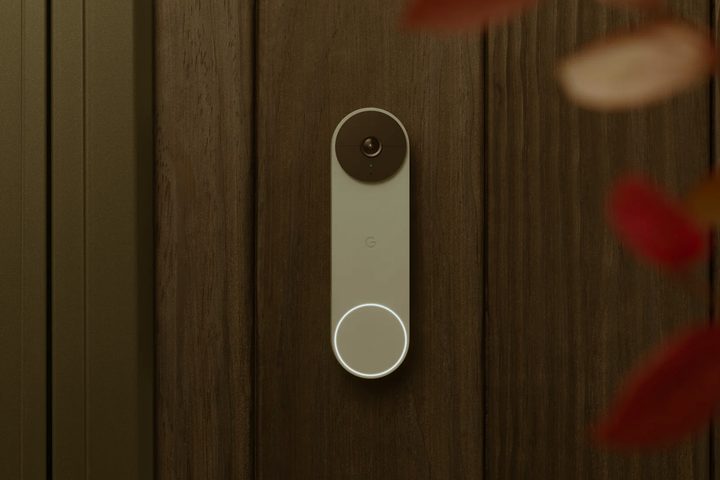 Google Nest doorbell outside a home wall.