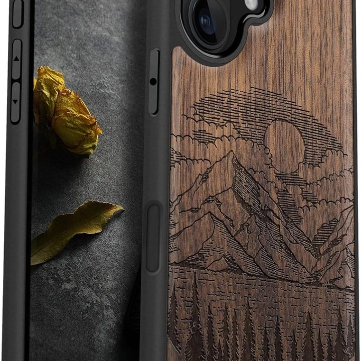 Carveit Wooden case for iPhone 16 with a mountain etched into the back.