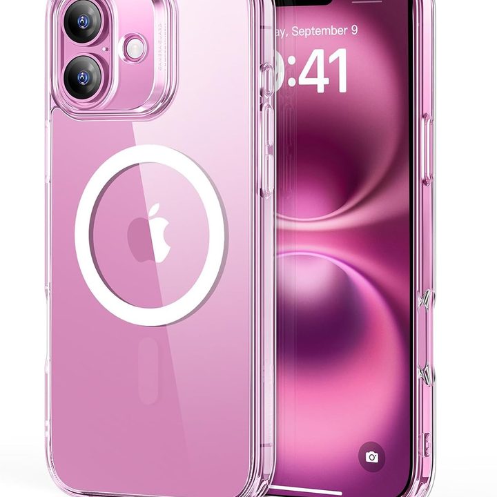 ESR MagSafe Case for iPhone 16, translucent, around a pink phone